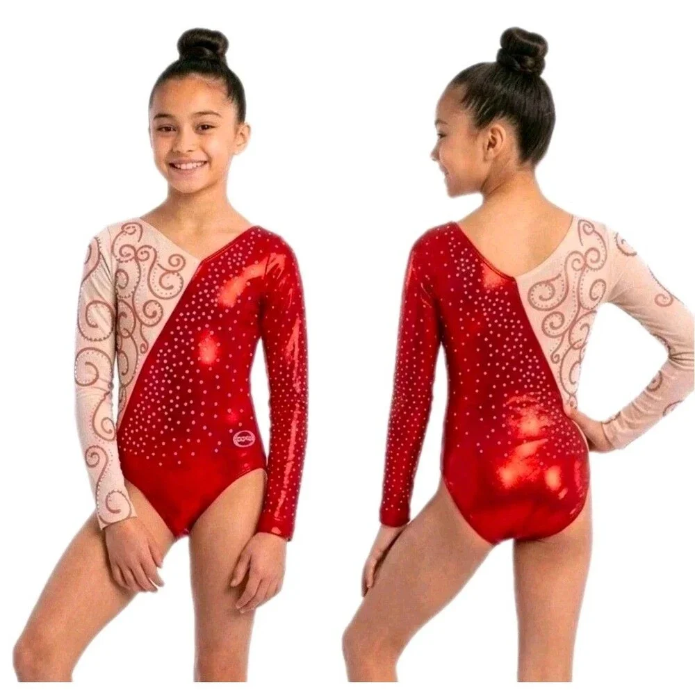 Ozone Competition Leotard Bling Vneck LS Size YL Youth Large NWOT Red 64650
